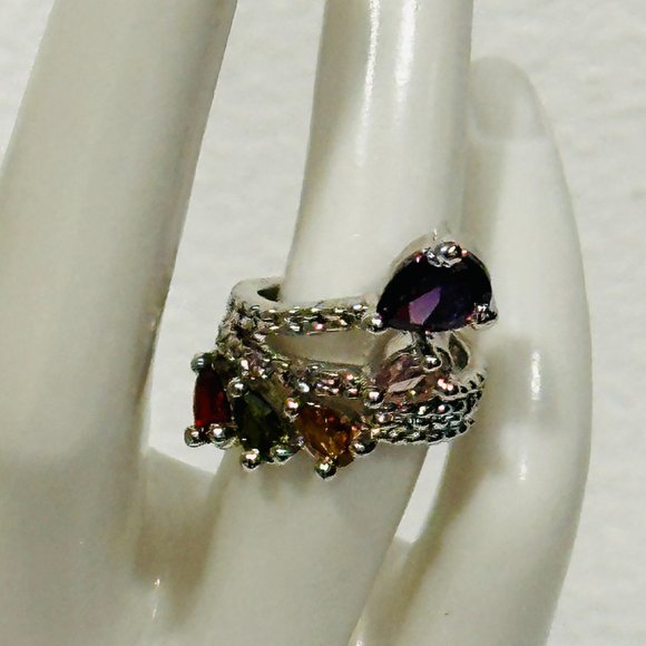 Spiral Fashion Ring MultiColor Rhinestones CZ Diamonds Silver Tone Metal SZ 5.75 - Picture 2 of 6